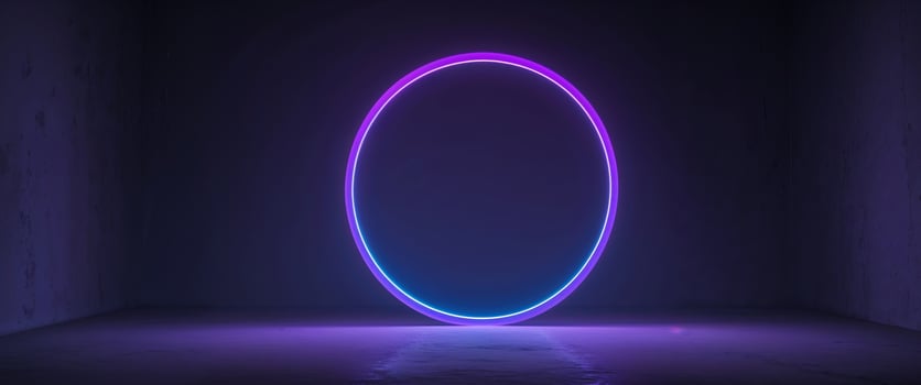 A purple neon circle in a dark room photo