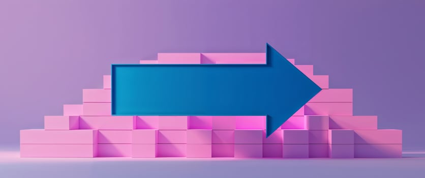 A blue arrow indicates direction among pink and purple blocks. photo