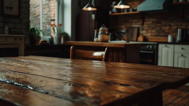 Rustic kitchen table, warm interior, wooden photo