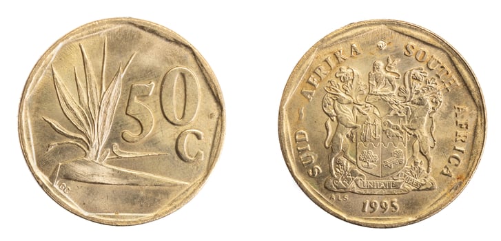 south africa fifty cents coin on white isolated background photo