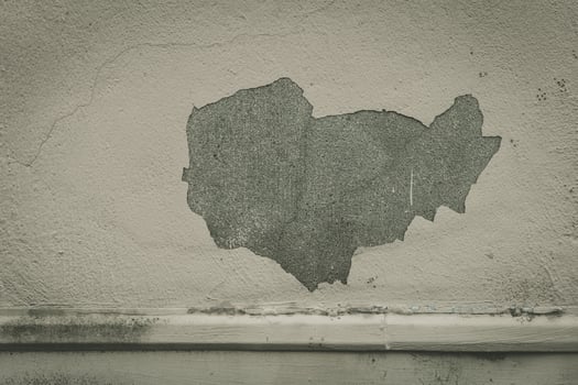 Wall art effect created by a peeling layer of paint revealing an abstract shape on a textured surface in urban space photo