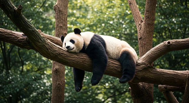 Lazy Panda Bear Sleeping on a Tree Branch, China Wildlife photo