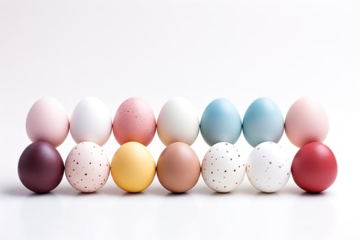 two rows of colorful easter eggs standing on white background photo