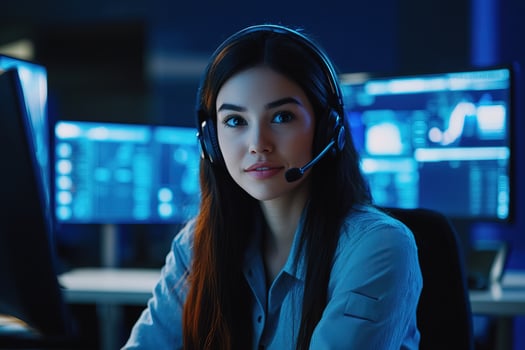 close-up portrait friendly female customer support agent wearing a headset with blue glowing computer monitors photo