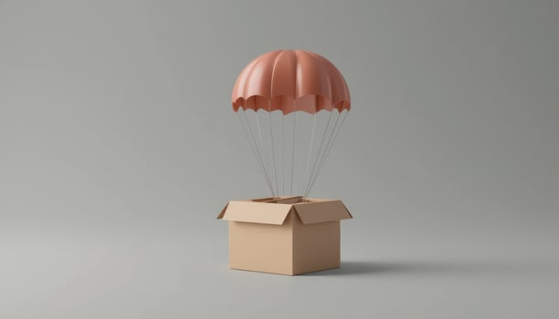 A cardboard box being delivered by a parachute, depicting surprise packages or logistics. Great for e-commerce, delivery services, and marketing themes. photo