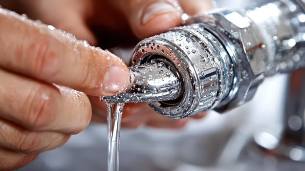 A person is fixing a faucet with water coming out photo