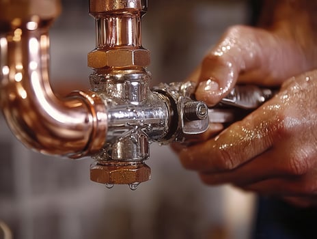 A man is fixing a copper pipe with a wrench photo