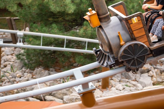 Rollercoaster Train Ride Park - A close-up of a rollercoaster train traversing a wooden track, showcasing the thrill of the ride. photo