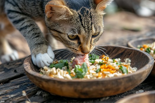 A cat eating from a bowl of food photo