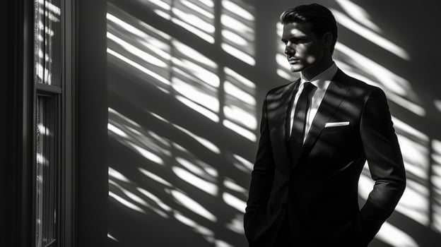 A man dressed in a sleek black suit and tie stands quietly in a well-lit room. The sunlight filters through window blinds, casting bold patterns of shadows that enhance the ambiance. photo