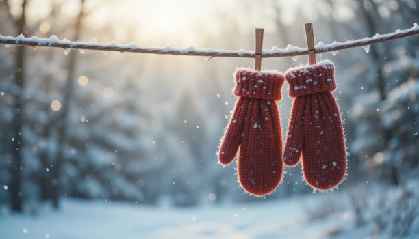 Cozy Red Mittens Hanging on a Line in Winter Wonderland Scene photo