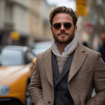 Stylish man in coat and sunglasses standing on city street fashion portrait for magazine advertisement photo