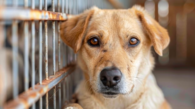 A mixed breed dog with floppy ears looks pensive sitting near the fence in animal shelter cage. Pet adoption and welfare photo