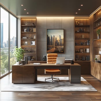 Executive office design interior workspace desk chair bookcase city view modern architecture photo
