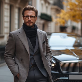 Stylish man in suit and coat standing near luxury car on city street fashion portrait style shot photo