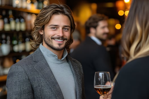 Handsome man smiling at a cocktail party with people and drinks in the background at an event space photo
