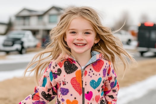 A little girl with long hair is smiling in the snow photo