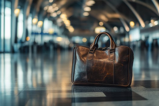 Elegant leather travel bag on airport floor highlighting luxury travel gear photo