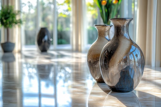 Elegant ceramic vases with reflections in sunlit room interior scene photo