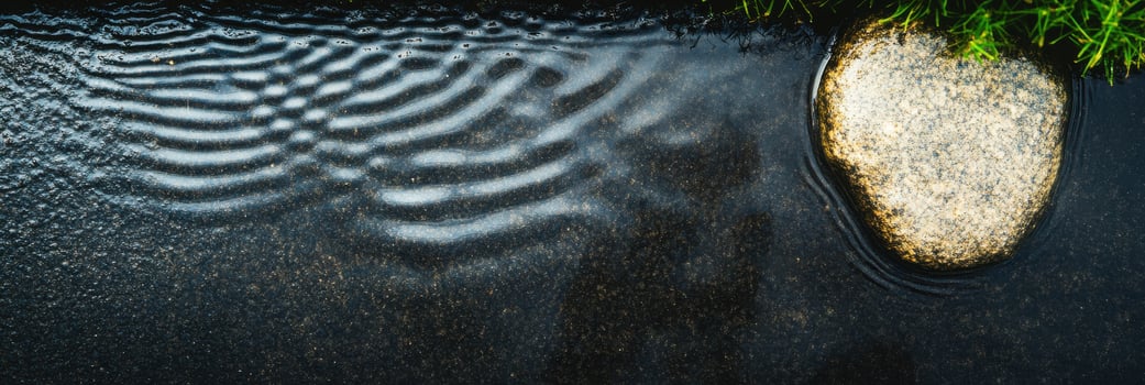 Raindrops creating ripples on water surface near stone and grass in nature photo