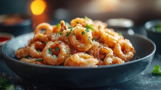 A plate of crispy fried calamari rings served with a side of tangy marinara sauce. photo