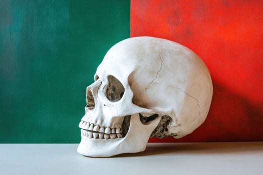 Human Skull Still Life on Green and Red Background photo