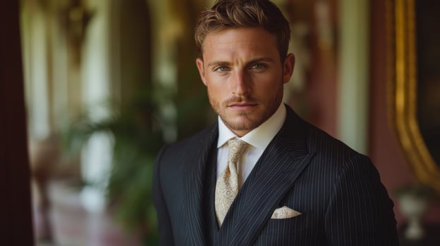 A man stands indoors showcasing a sleek, tailored suit with a light-colored tie and pocket square. The setting features elegant furnishings and soft natural light, creating a refined atmosphere. photo