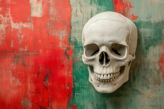 Human Skull on Textured Wall Background for Halloween or Medical Illustration photo
