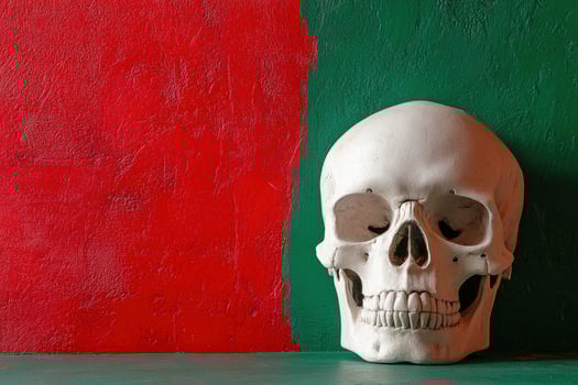 Skull Still Life with Red and Green Textured Background photo
