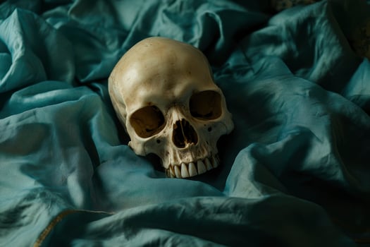 Skull on Blue Silk Fabric Still Life Study for Art or Halloween photo