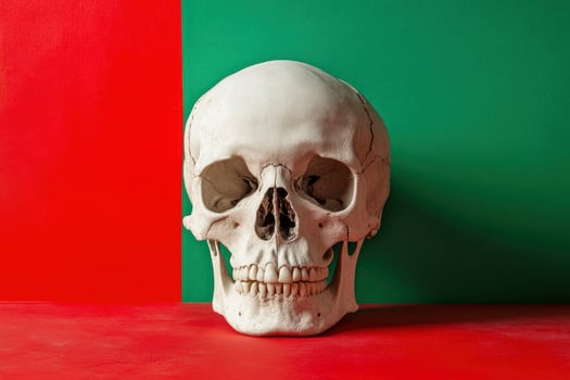 Human Skull Still Life Against Contrasting Red and Green Background photo