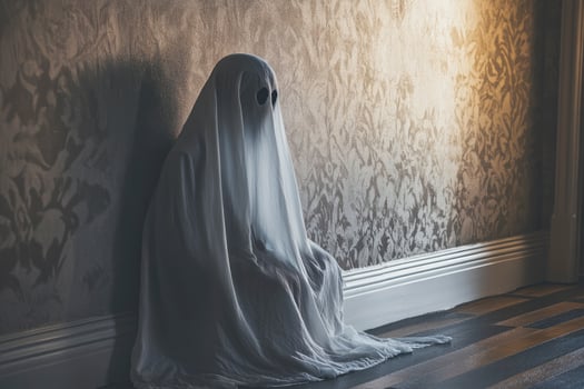 Sitting Ghost Covered with White Sheet Against Patterned Wall Indoors photo