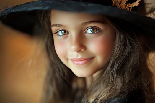 Girl Wearing Witch Hat Smiles During Halloween Celebration Portrait photo