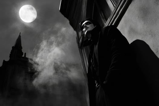 Man in Dark Coat at Night with Gothic Building and Moon photo