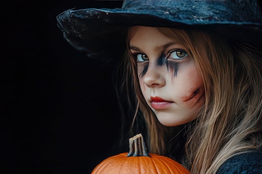 A young girl in a witch costume holding a pumpkin photo