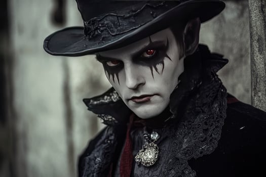 Man in Dark Vampire Costume and Makeup with Red Eyes photo