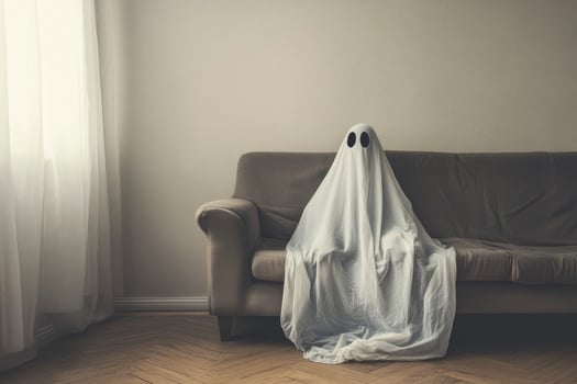 Ghost Sitting on Sofa Indoors Relaxing Home Costume Halloween Concept photo