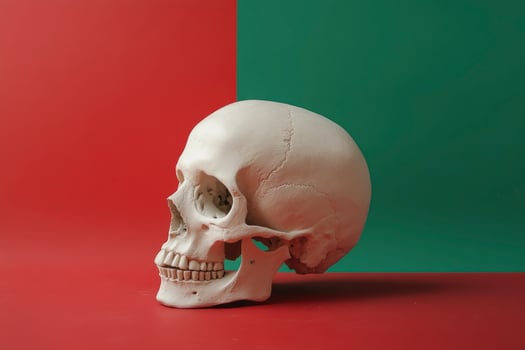 Side View of Human Skull on Red and Green Background Still Life photo