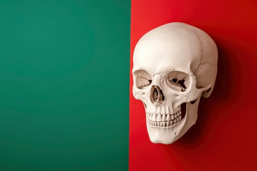 Human Skull on Red and Green Background Still Life Image photo