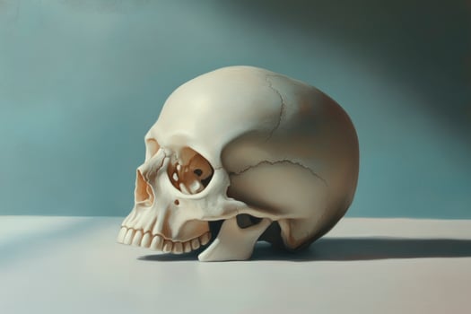 Human Skull Still Life on Table in Somber Lighting Study photo