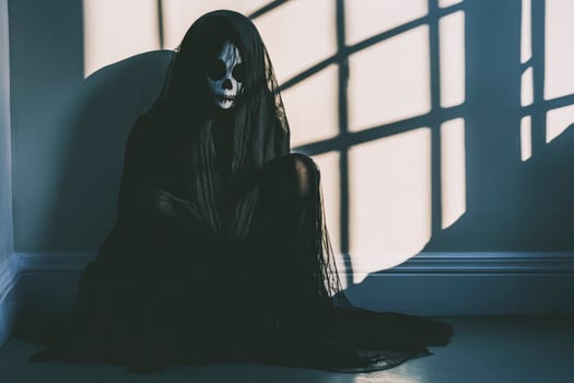 Ghostly Figure Sitting in Corner with Skeleton Makeup and Dark Veil photo