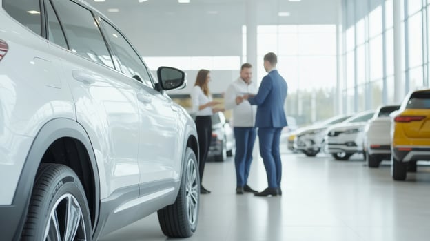 Couple signs car purchase documents while a sales manager explains details at a dealership photo