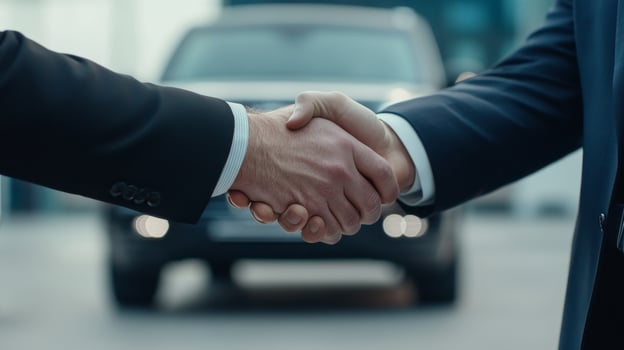 Two individuals shake hands to finalize a deal with a luxury vehicle in the background photo
