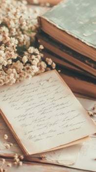 A vintage envelope and letter nestled with dried flowers and a worn book evoke feelings of nostalgia photo