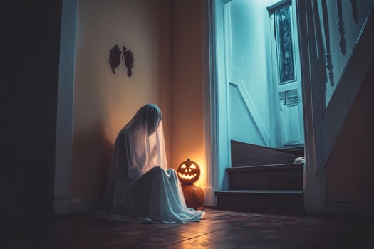 Ghost Sitting with Halloween Pumpkins on Dark Floor in Spooky Home photo