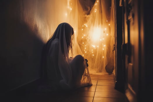 Seated Child Covered in Sheet with String Lights for Halloween photo