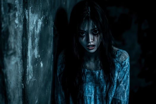 Scary Woman with Dark Eyes Leaning Against Wall in Haunted Setting photo