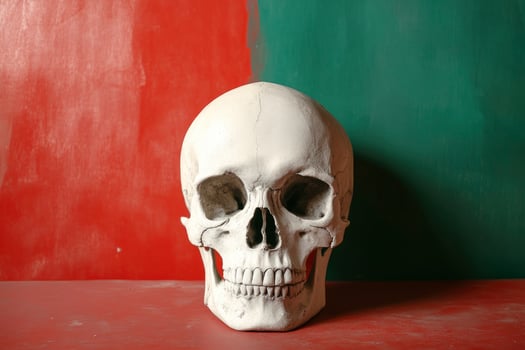 Human Skull Still Life Art on Red and Green Background photo