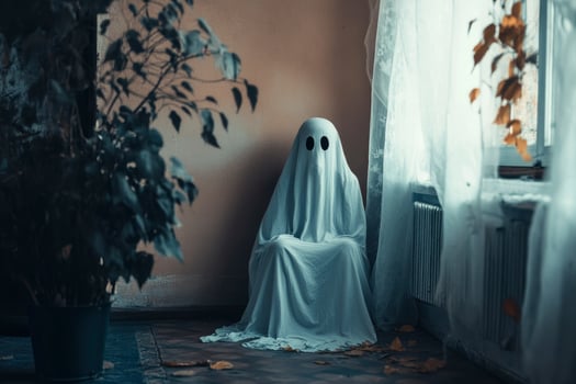 Sitting Ghost Figure Covered with White Sheet Indoor Halloween Concept photo