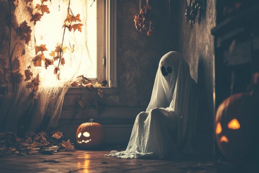 Ghost Sitting Next to Pumpkins in Spooky Halloween Setting Indoors photo